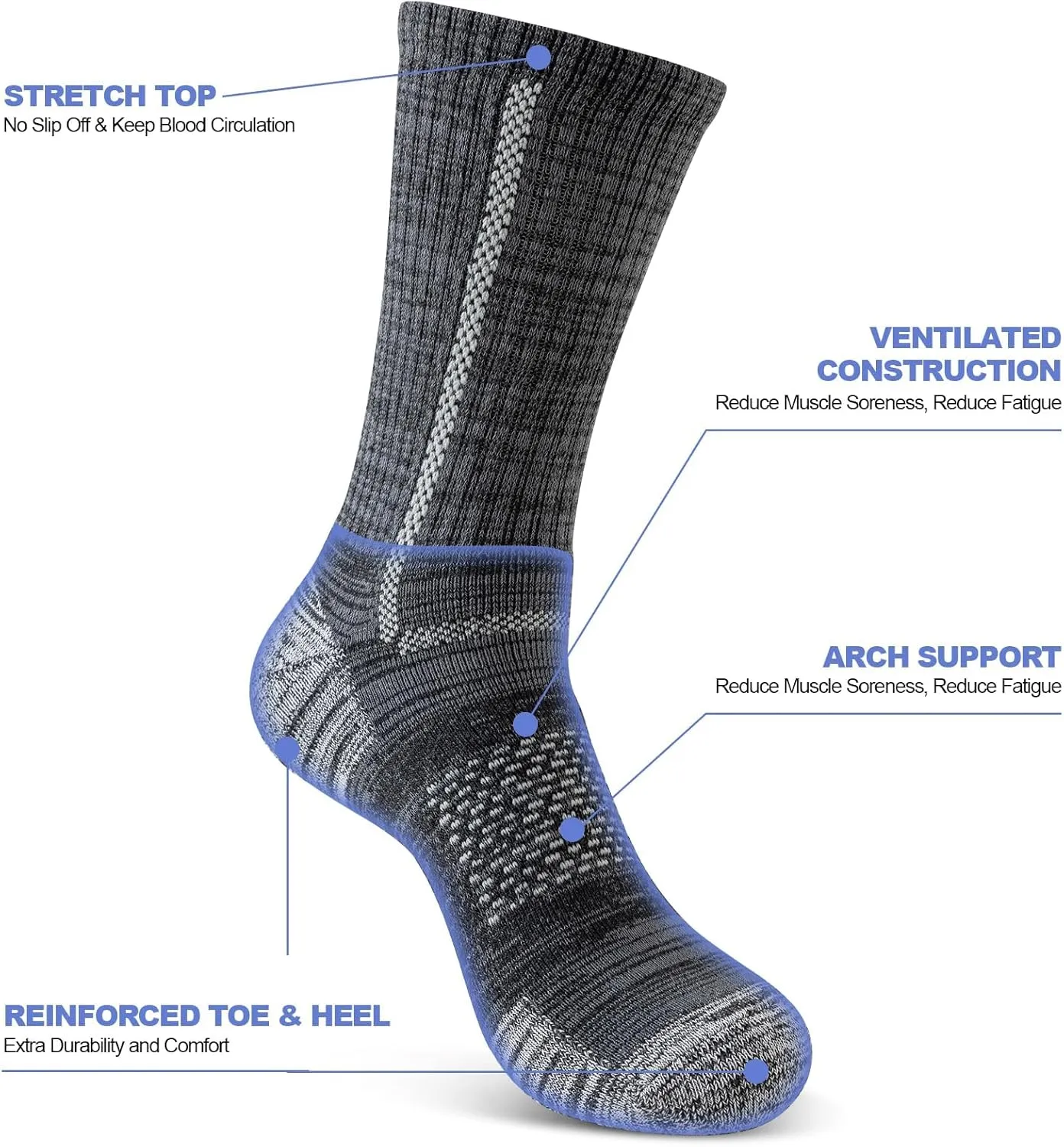 Men's Cotton Crew Work Socks, 5 Pairs Cushioned Boot Moisture Athletic Socks for Hiking Sports Running
