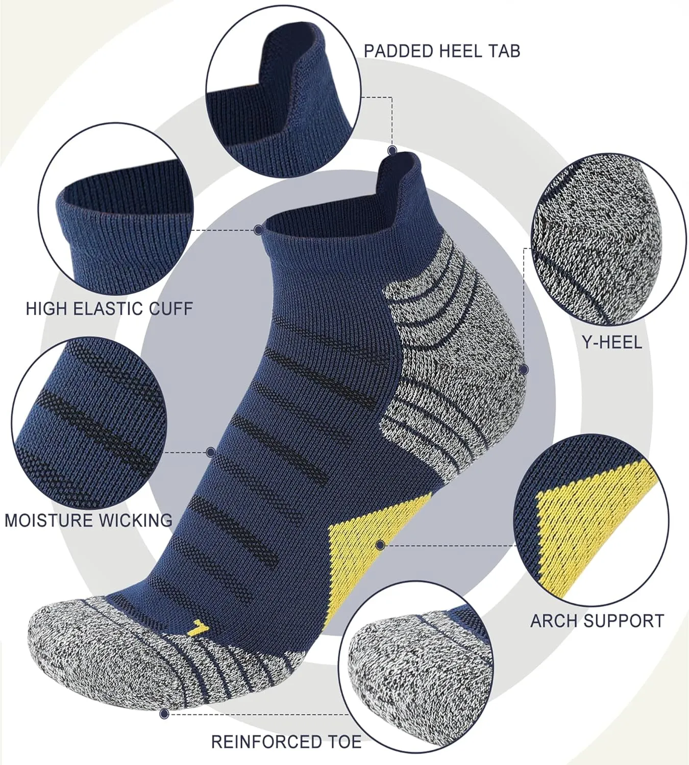 Men's Cushioned Ankle Socks Athletic Running Low Cut Socks 6-10/10-13/13-15