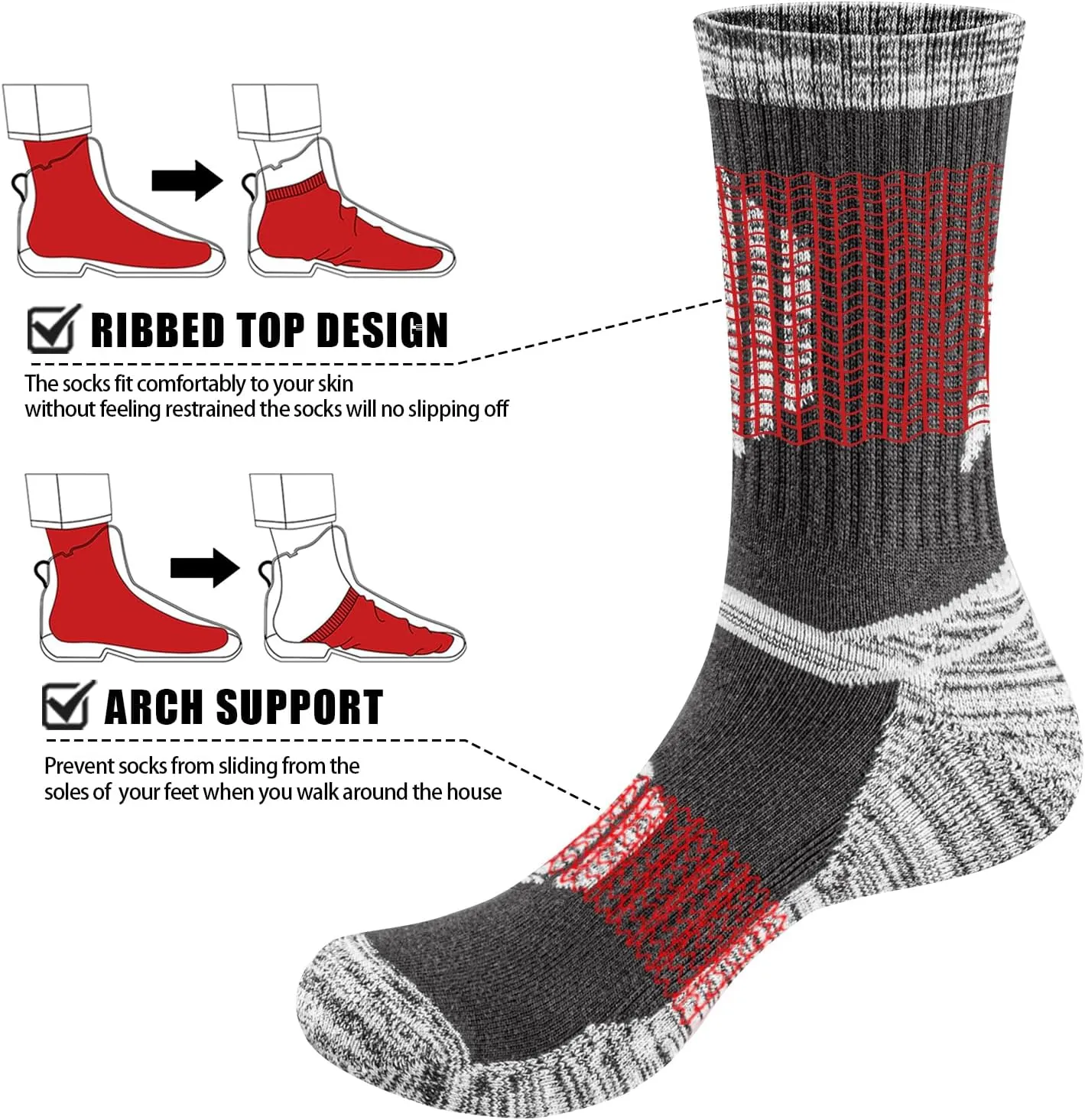 Men's Hiking Socks - Moisture Wicking, Cushioned, Comfort Work Socks for Men, 5 Pairs