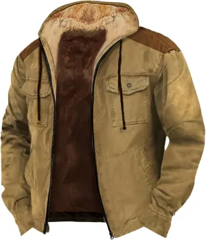 Men's Thermal Hooded Puffer Jacket Winter Coats Western Cowboy 3D Printed Hooded Brown Men's Winter Jacket with Hood