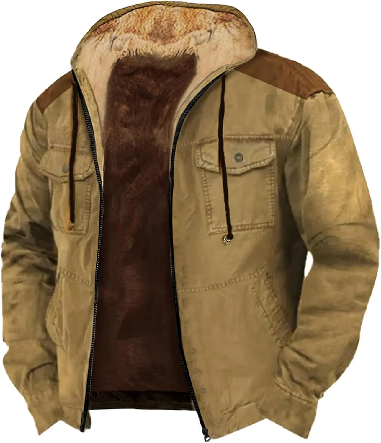 Men's Thermal Hooded Puffer Jacket Winter Coats Western Cowboy 3D Printed Hooded Brown Men's Winter Jacket with Hood