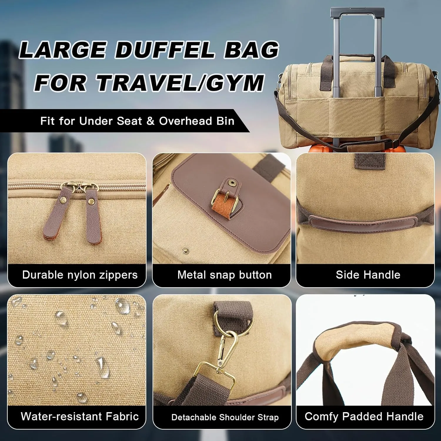 Men's Weekender Overnight Bag Multi-Compartment, Carry-On Travel Gym Bag for Men, Retro Design,Khaki