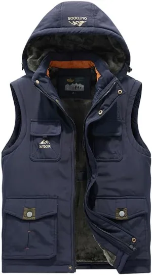 Men's Winter Outdoor Padded Safari Vest Warm Fishing Gilet with Detachable Hood Multi Pockets