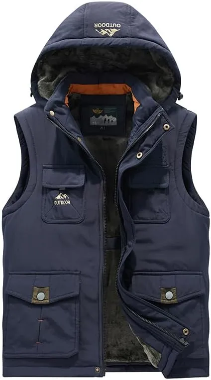 Men's Winter Outdoor Padded Safari Vest Warm Fishing Gilet with Detachable Hood Multi Pockets