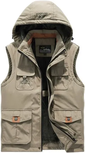 Men's Winter Outdoor Padded Safari Vest Warm Fishing Gilet with Detachable Hood Multi Pockets