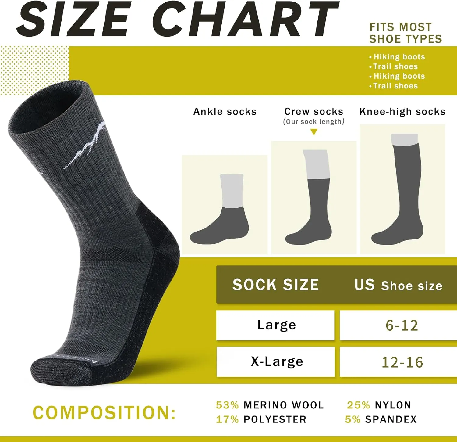 Merino Protect Merino Wool Socks for Men Warm Soft Hiking Socks Odor Resistant Crew Socks Hiking Hunting Cycling