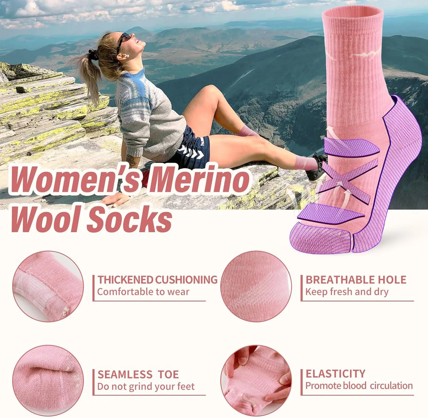 Merino Protect Merino Wool Socks for Women: Winter Hiking, Hunting, Cycling, Soft Cushion, Warm, Casual Thermal Socks