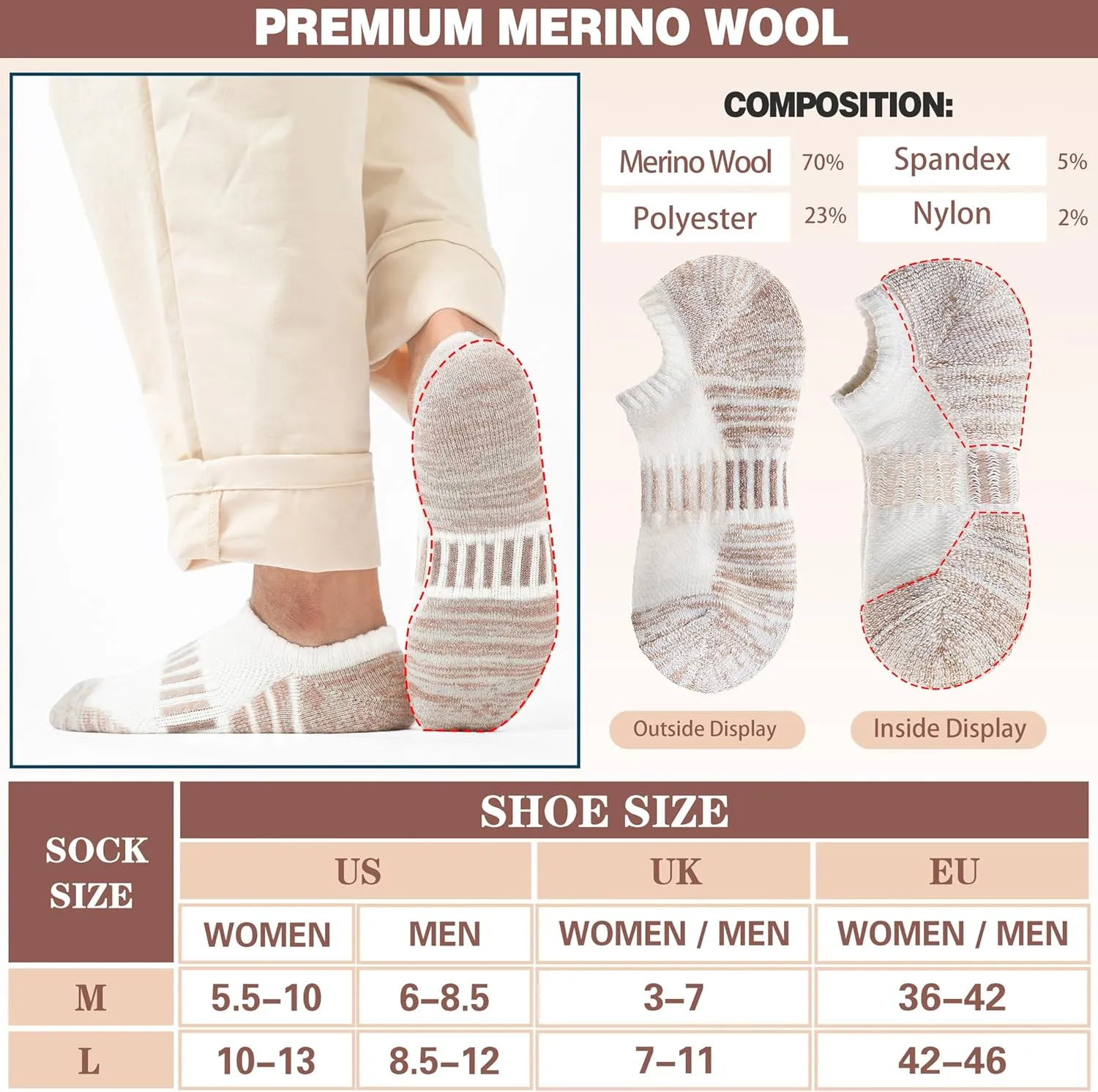 Merino Wool Ankle Athletic Running No Show Socks Cushioned Breathable Sports Warm Thick Socks for Men and Women 6 Pairs