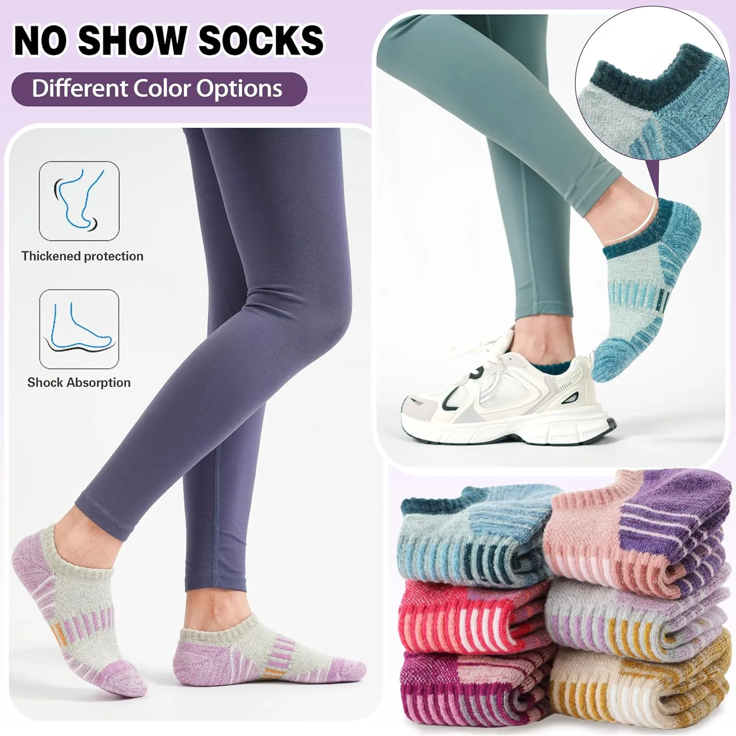 Merino Wool Ankle Athletic Running No Show Socks Cushioned Breathable Sports Warm Thick Socks for Men and Women 6 Pairs
