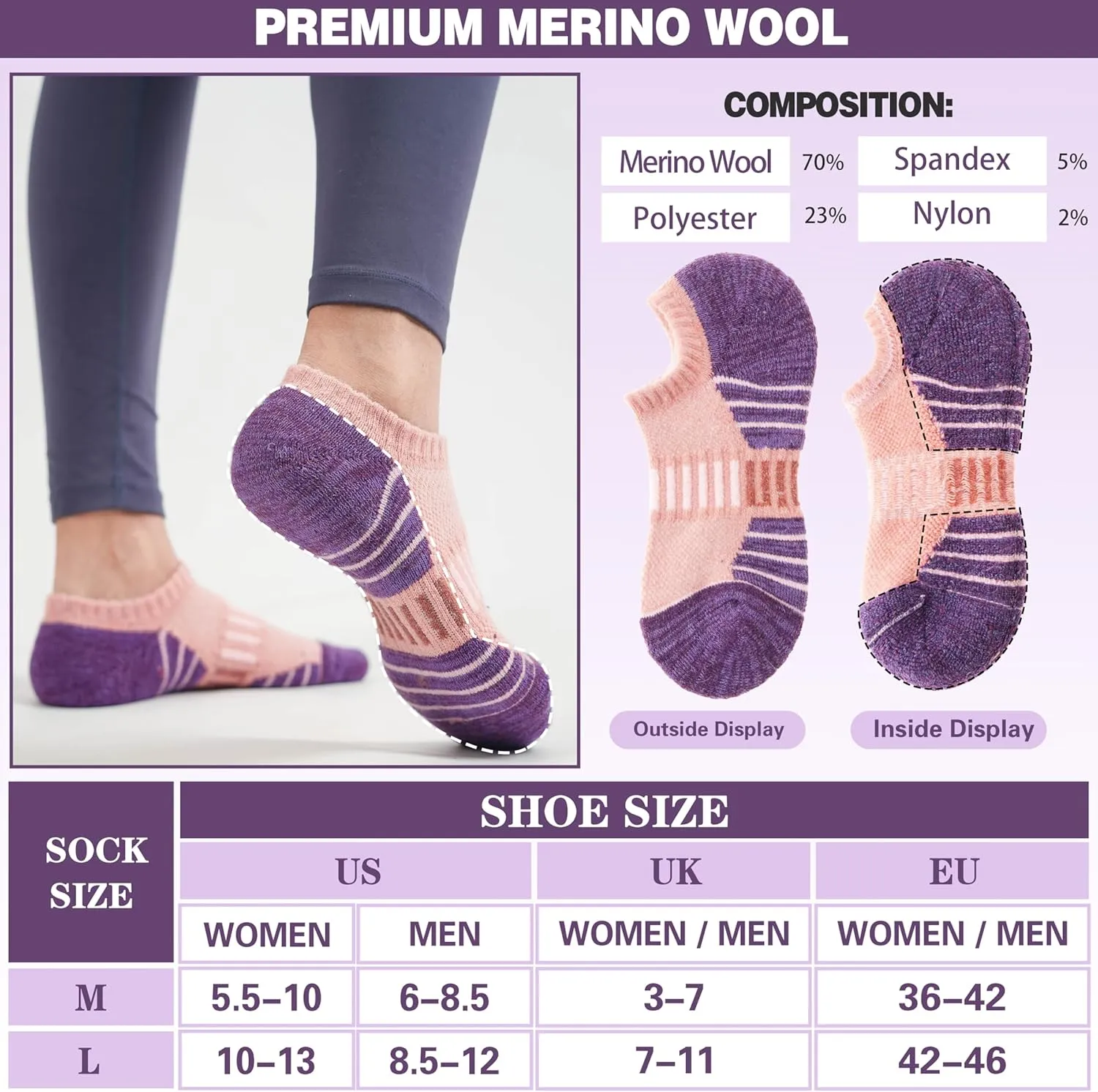 Merino Wool Ankle Athletic Running No Show Socks Cushioned Breathable Sports Warm Thick Socks for Men and Women 6 Pairs