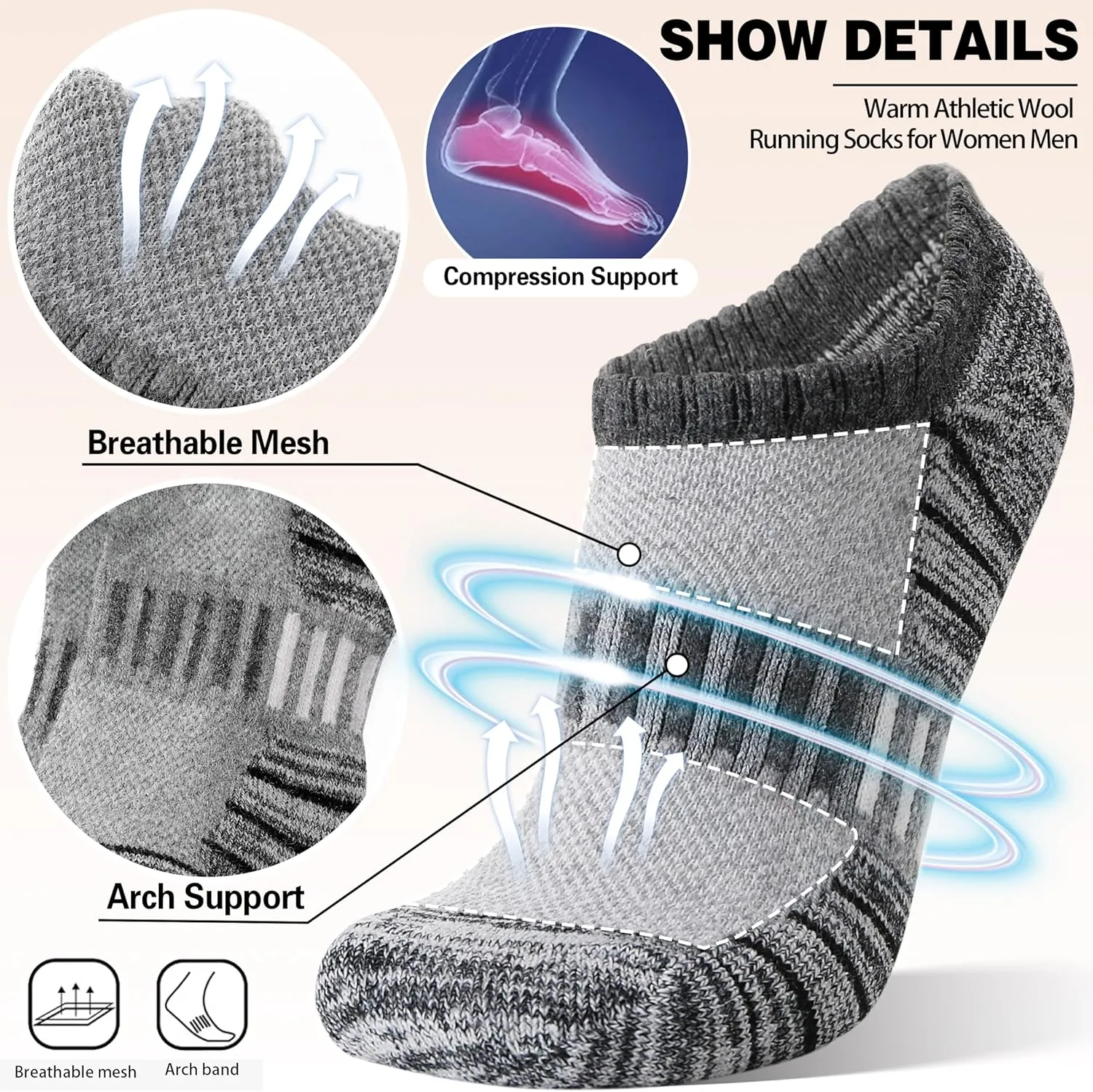 Merino Wool Ankle Athletic Running No Show Socks Cushioned Breathable Sports Warm Thick Socks for Men and Women 6 Pairs