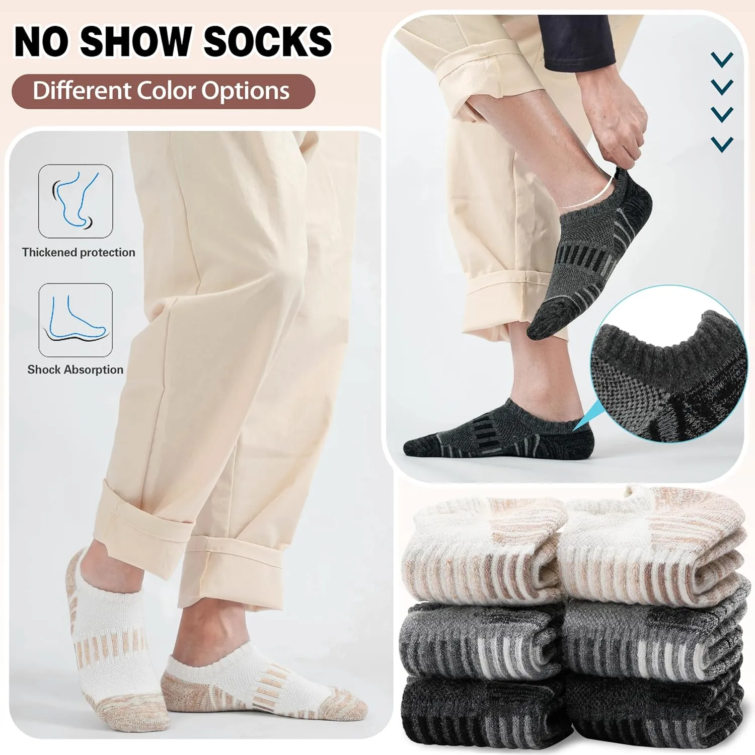 Merino Wool Ankle Athletic Running No Show Socks Cushioned Breathable Sports Warm Thick Socks for Men and Women 6 Pairs