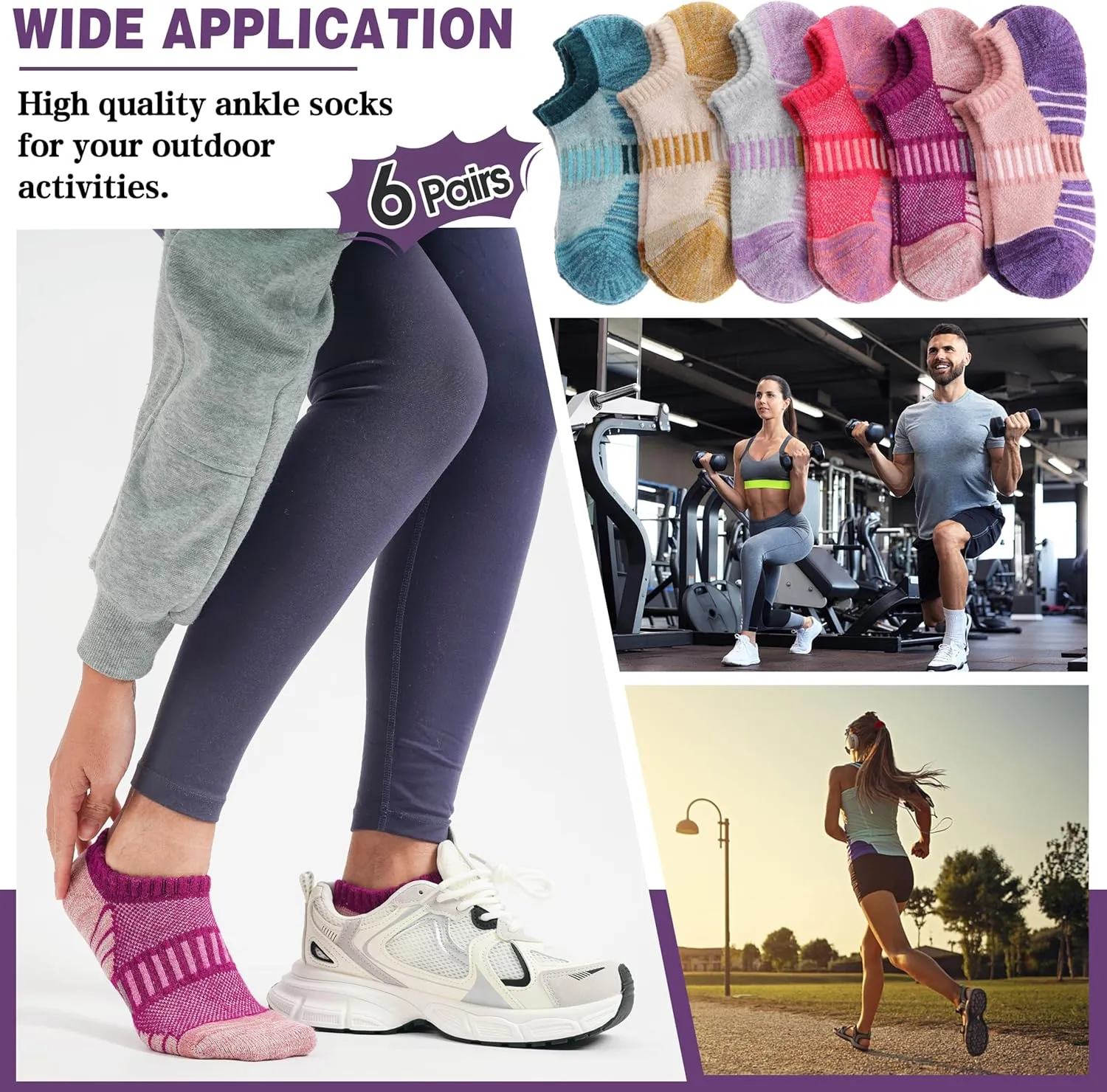 Merino Wool Ankle Athletic Running No Show Socks Cushioned Breathable Sports Warm Thick Socks for Men and Women 6 Pairs