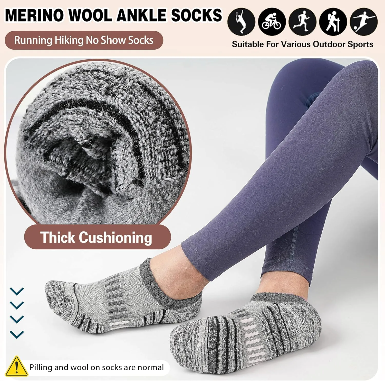 Merino Wool Ankle Athletic Running No Show Socks Cushioned Breathable Sports Warm Thick Socks for Men and Women 6 Pairs