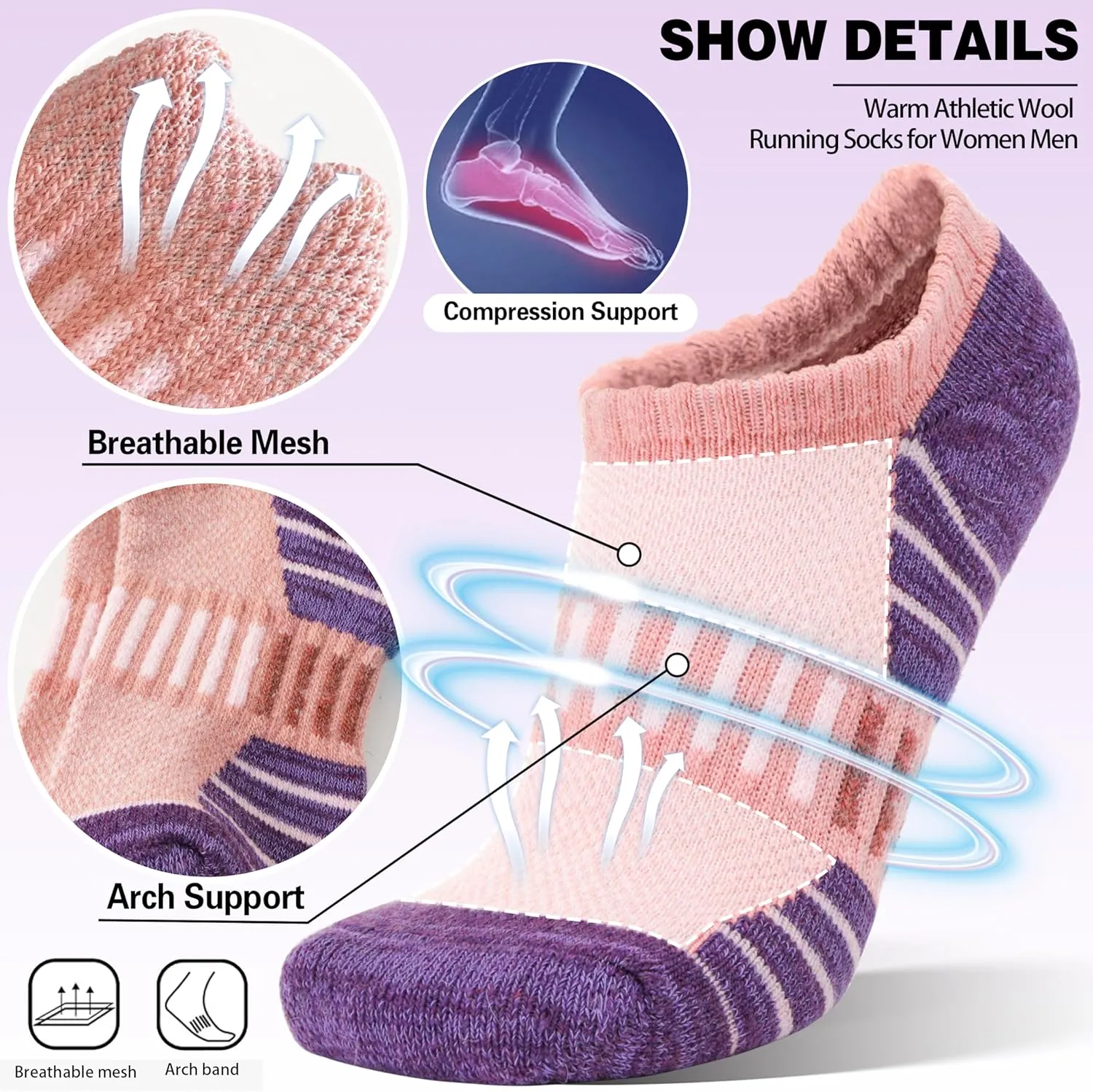Merino Wool Ankle Athletic Running No Show Socks Cushioned Breathable Sports Warm Thick Socks for Men and Women 6 Pairs