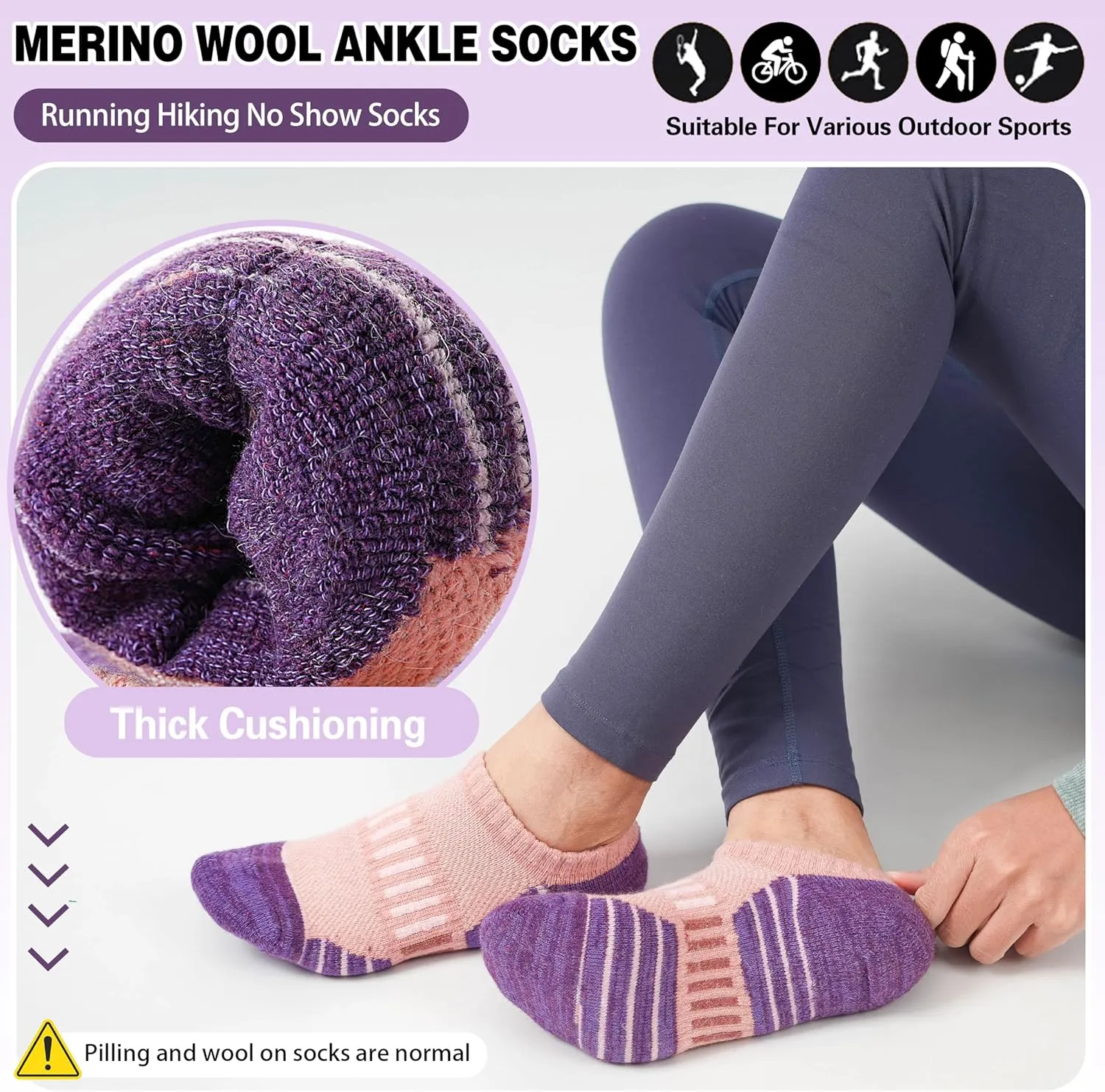 Merino Wool Ankle Athletic Running No Show Socks Cushioned Breathable Sports Warm Thick Socks for Men and Women 6 Pairs