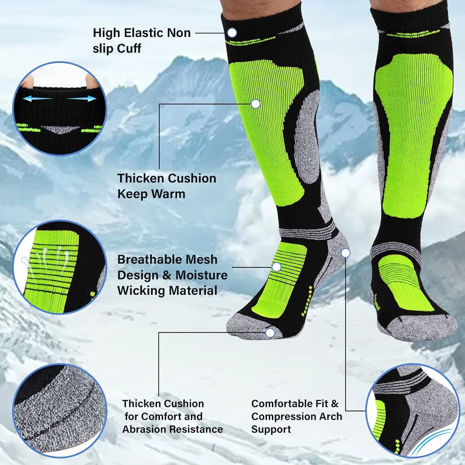 Merino Wool Ski Socks 2 Pairs for Mens Womens Knee High Thermal Snowboarding Socks for Cold Weather