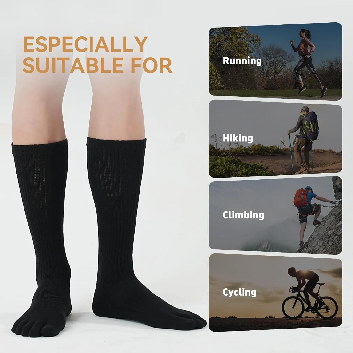 Merino Wool Toe Socks for Men & Women - 2 Pairs Winter Hiking Crew Socks Cushioned Boot Socks for Outdoor Activities