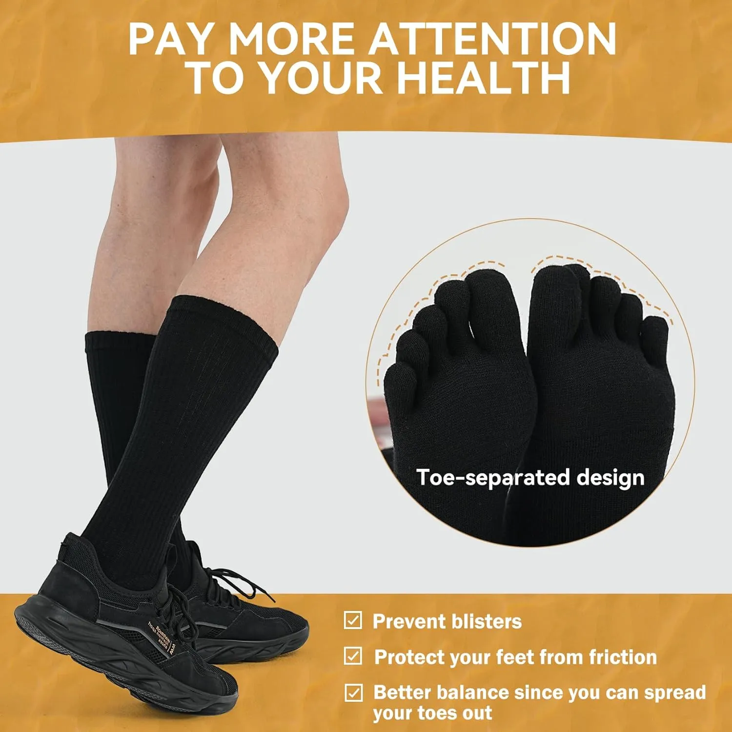 Merino Wool Toe Socks for Men & Women - 2 Pairs Winter Hiking Crew Socks Cushioned Boot Socks for Outdoor Activities