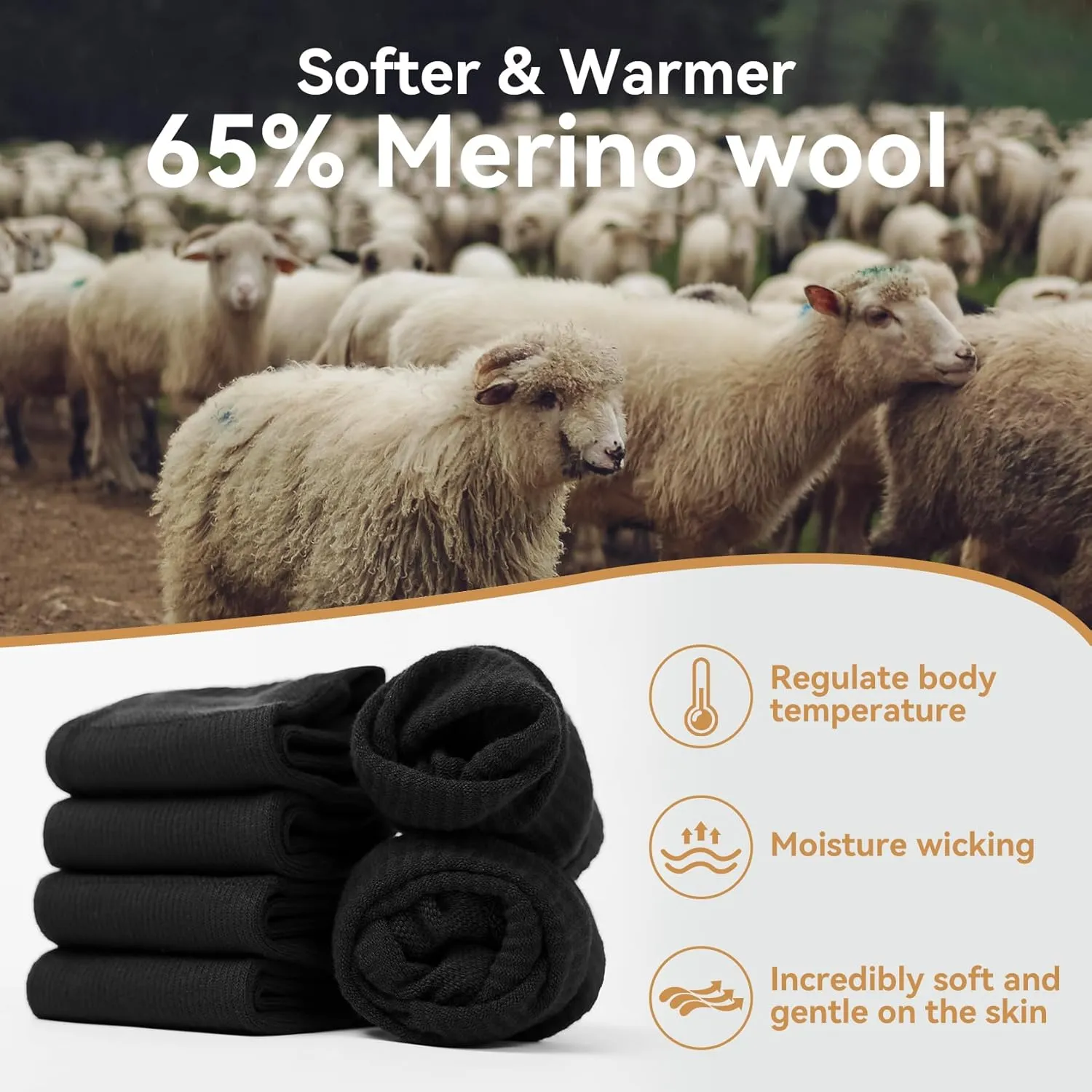 Merino Wool Toe Socks for Men & Women - 2 Pairs Winter Hiking Crew Socks Cushioned Boot Socks for Outdoor Activities