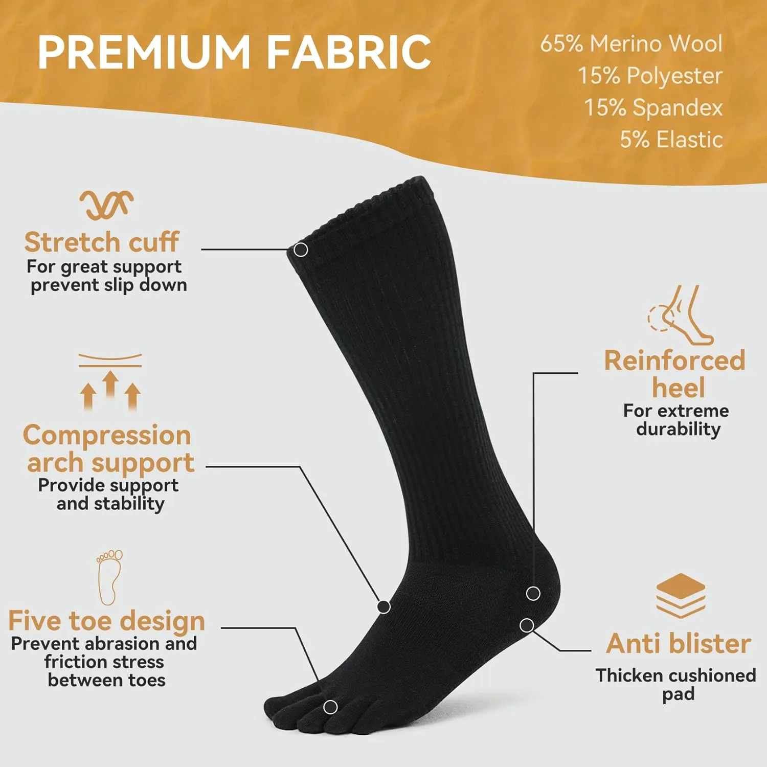 Merino Wool Toe Socks for Men & Women - 2 Pairs Winter Hiking Crew Socks Cushioned Boot Socks for Outdoor Activities