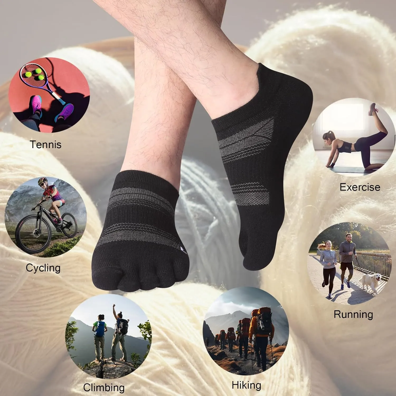 Merino Wool Toe Socks for Men & Women–50% Merino Wool,Thin,No Show,Lightweight,Cushioned for Hiking,Running,Long Walk