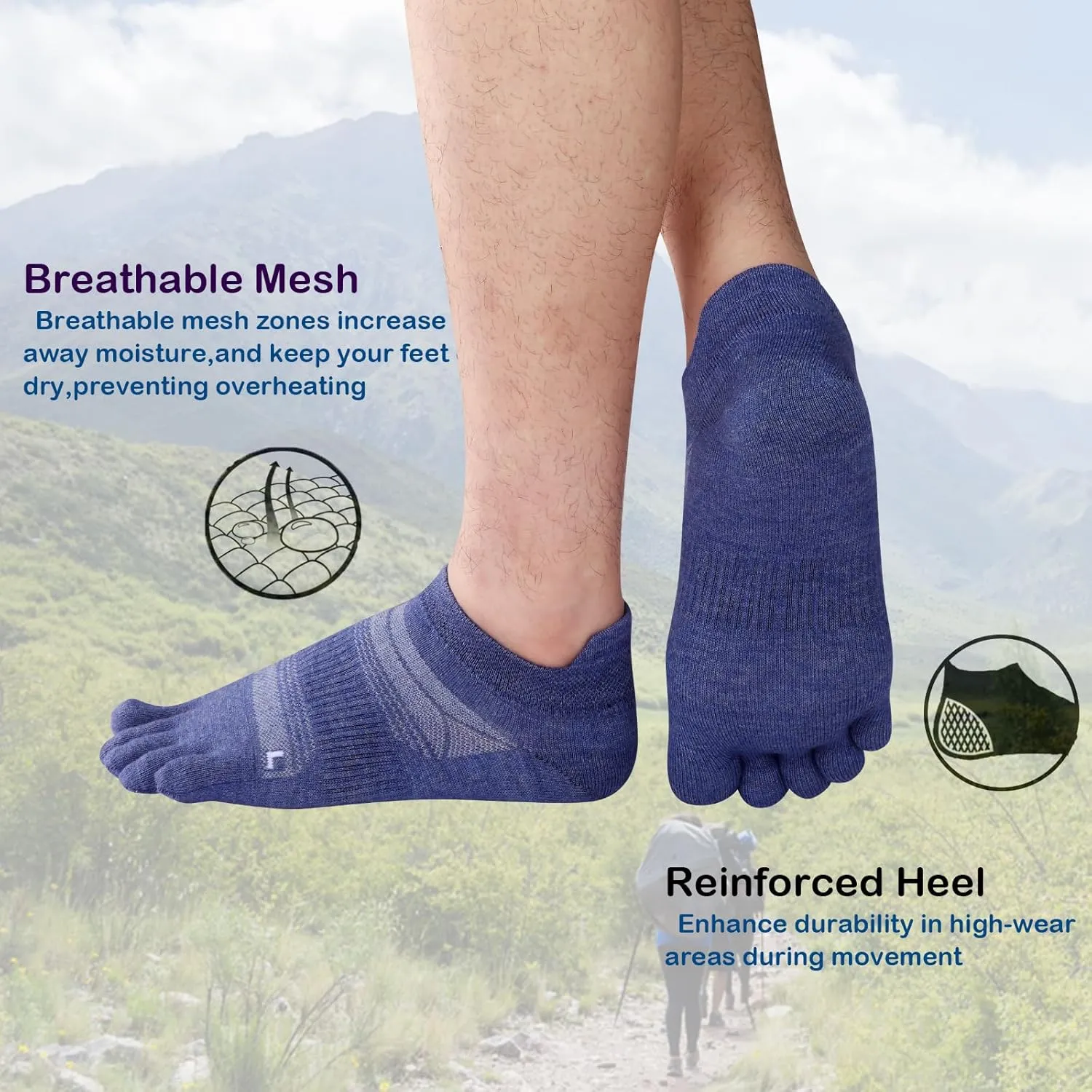 Merino Wool Toe Socks for Men & Women–50% Merino Wool,Thin,No Show,Lightweight,Cushioned for Hiking,Running,Long Walk