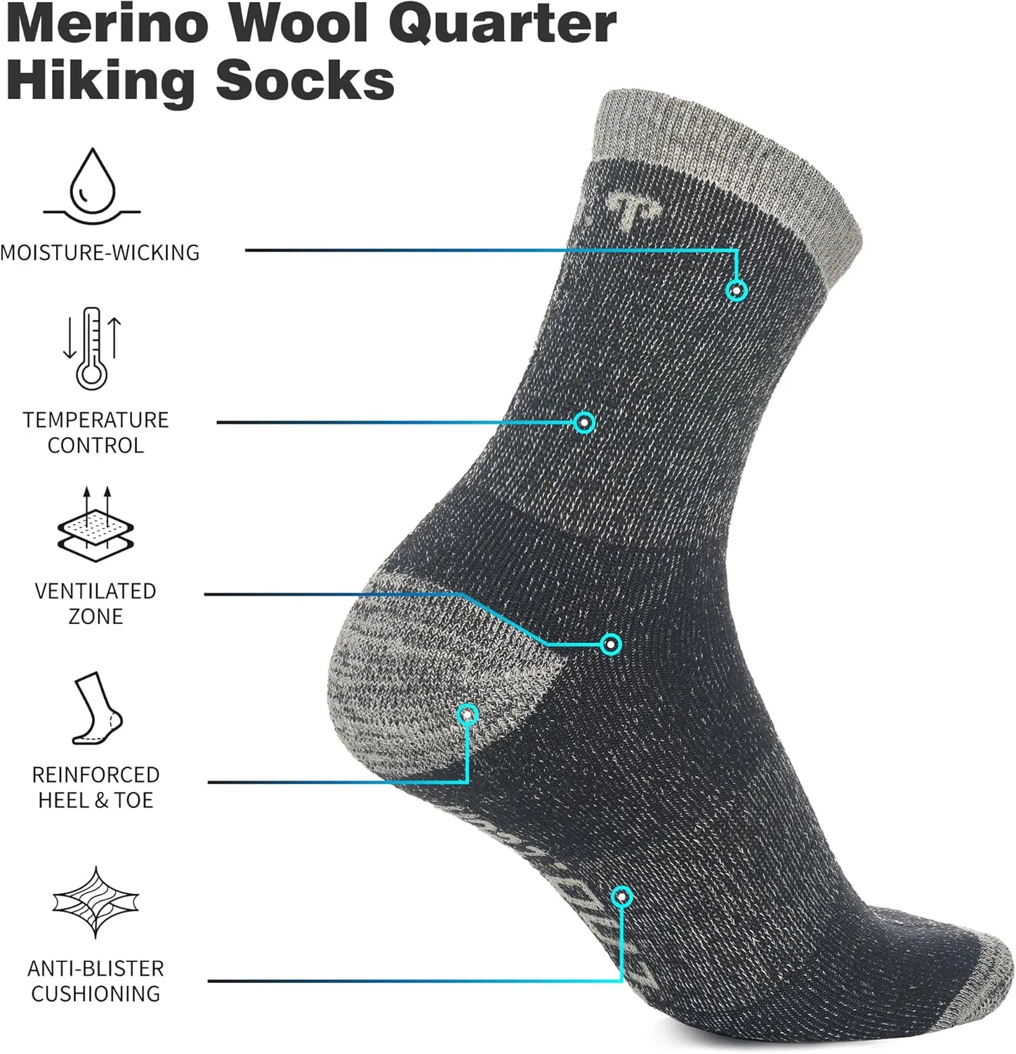 Merino.tech Merino Wool Socks for Men Women - Hiking Merino Wool Quarter Socks Thermal Warm Midweight