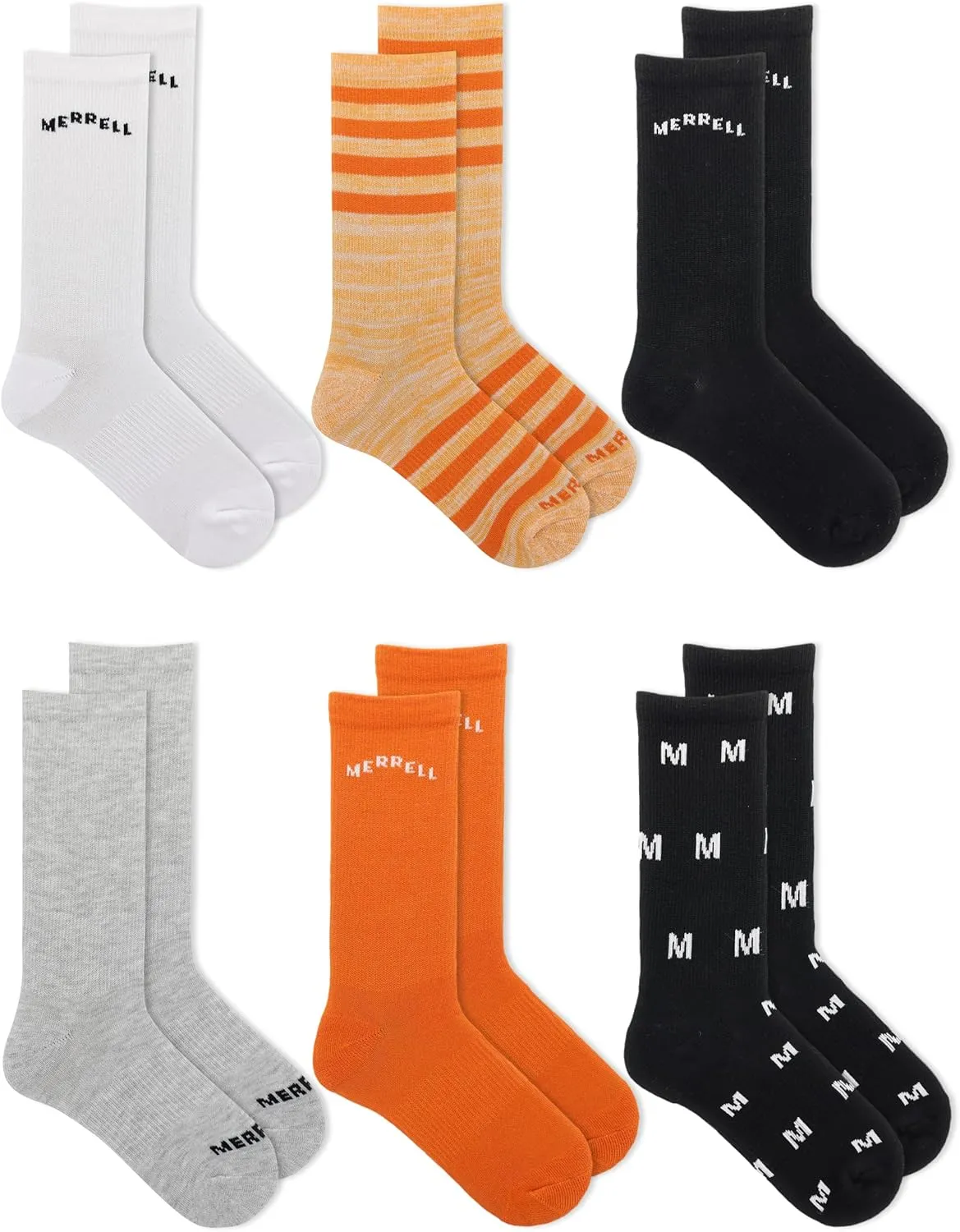 Merrell Kids' Everyday Half Cushion Crew Socks - 6 Pair Pack - Reinforced Heel and Toe