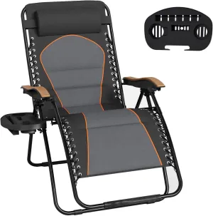 MFSTUDIO Zero Gravity Chairs, Oversized Patio Recliner Chair, Padded Folding Lawn Chair with Cup Holder Tray, Support 400lbs, Black Grey