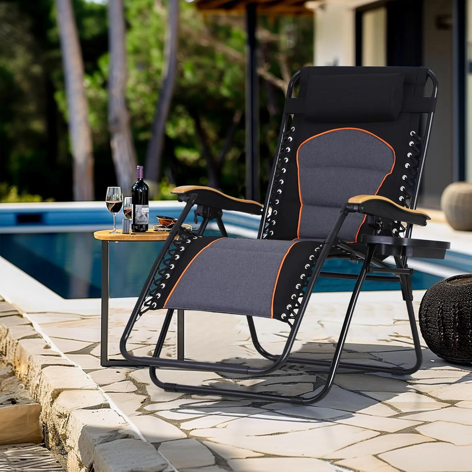 MFSTUDIO Zero Gravity Chairs, Oversized Patio Recliner Chair, Padded Folding Lawn Chair with Cup Holder Tray, Support 400lbs, Black Grey