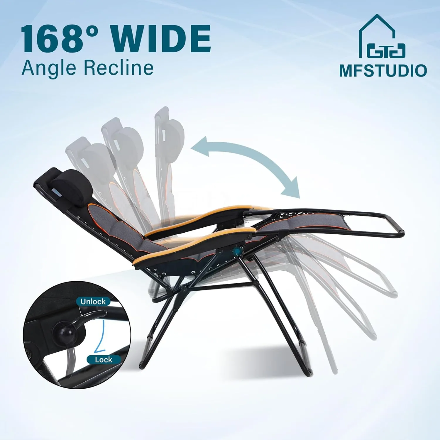 MFSTUDIO Zero Gravity Chairs, Oversized Patio Recliner Chair, Padded Folding Lawn Chair with Cup Holder Tray, Support 400lbs, Black Grey