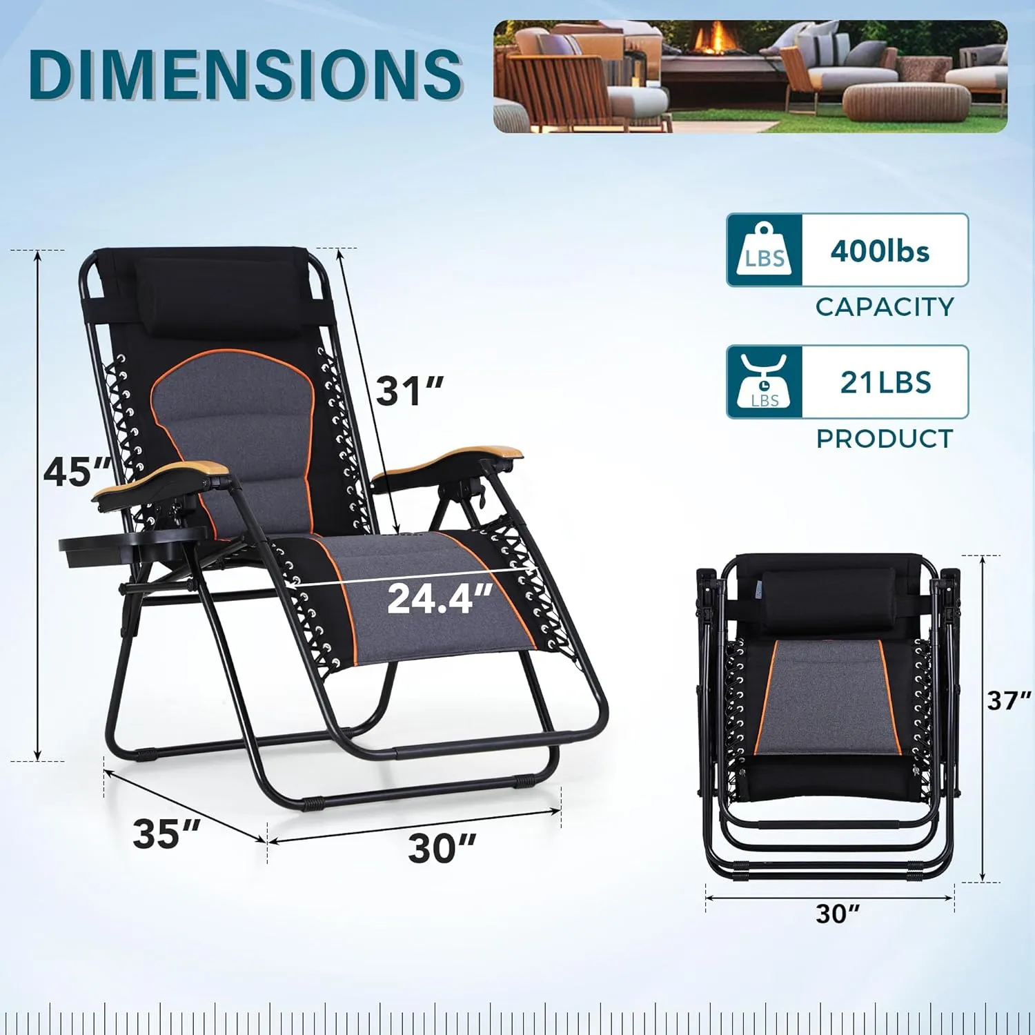 MFSTUDIO Zero Gravity Chairs, Oversized Patio Recliner Chair, Padded Folding Lawn Chair with Cup Holder Tray, Support 400lbs, Black Grey