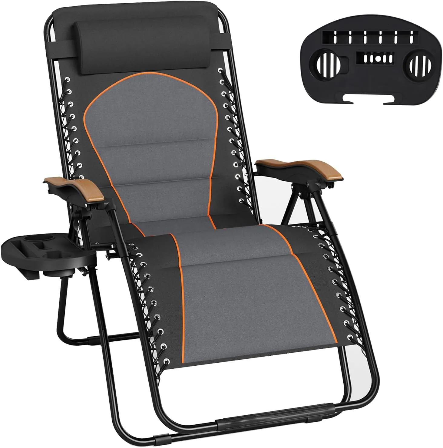 MFSTUDIO Zero Gravity Chairs, Oversized Patio Recliner Chair, Padded Folding Lawn Chair with Cup Holder Tray, Support 400lbs, Black Grey