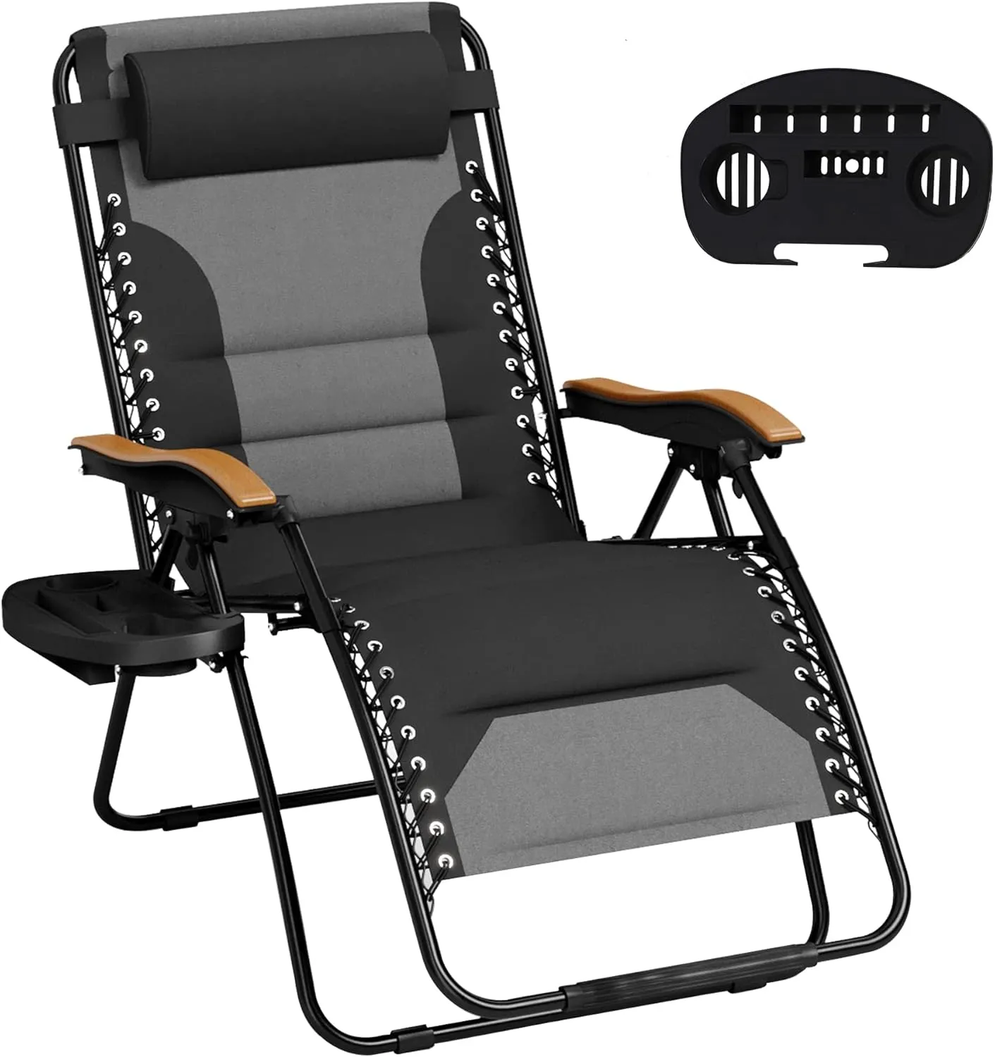 MFSTUDIO Zero Gravity Chairs, Oversized Patio Recliner Chair, Padded Folding Lawn Chair with Cup Holder Tray, Support 400lbs, Black