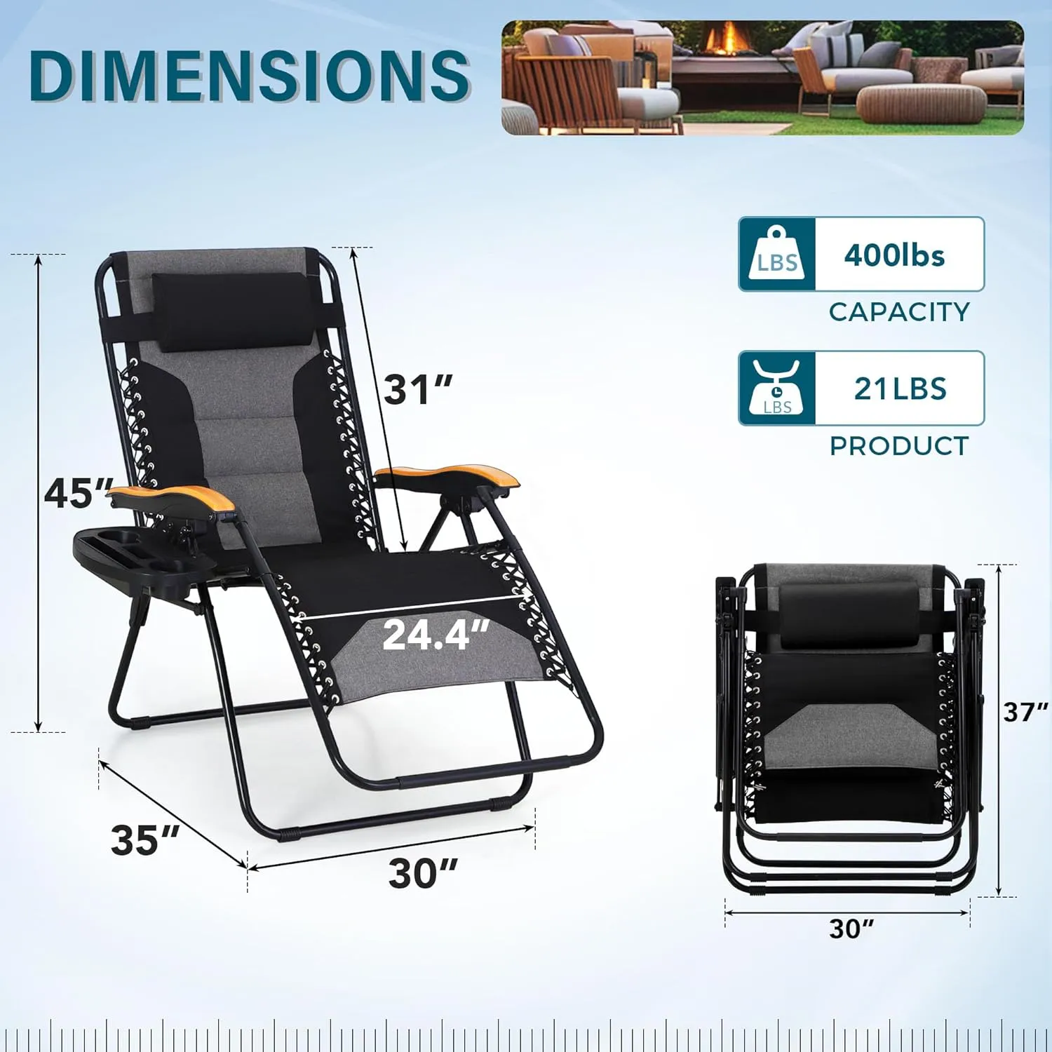 MFSTUDIO Zero Gravity Chairs, Oversized Patio Recliner Chair, Padded Folding Lawn Chair with Cup Holder Tray, Support 400lbs, Black