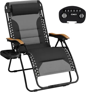 MFSTUDIO Zero Gravity Chairs, Oversized Patio Recliner Chair, Padded Folding Lawn Chair with Cup Holder Tray, Support 400lbs, Black