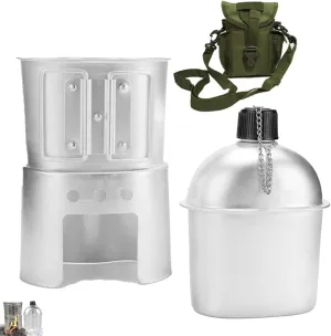 Military Canteen Set of 4, Canteen Cup Stove Pouch Kit, Multi-Functional Water Bottle, Metal Pathfinder Canteen for Outdoor Camping Survival Hiking Backpacking