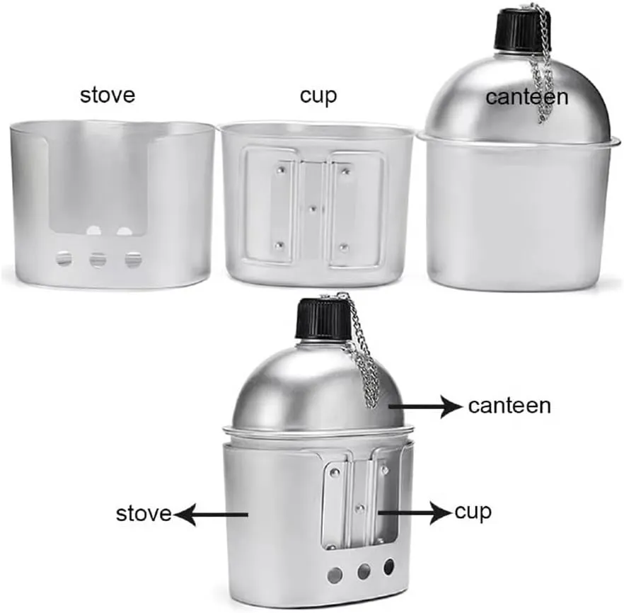 Military Canteen Set of 4, Canteen Cup Stove Pouch Kit, Multi-Functional Water Bottle, Metal Pathfinder Canteen for Outdoor Camping Survival Hiking Backpacking