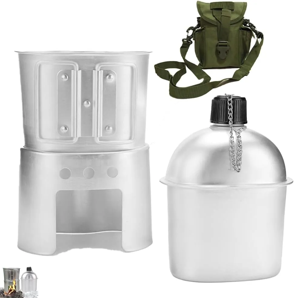 Military Canteen Set of 4, Canteen Cup Stove Pouch Kit, Multi-Functional Water Bottle, Metal Pathfinder Canteen for Outdoor Camping Survival Hiking Backpacking