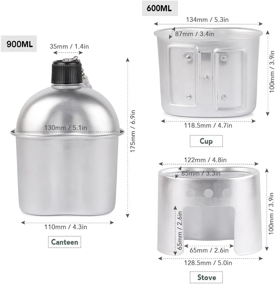 Military Canteen Set of 4, Canteen Cup Stove Pouch Kit, Multi-Functional Water Bottle, Metal Pathfinder Canteen for Outdoor Camping Survival Hiking Backpacking