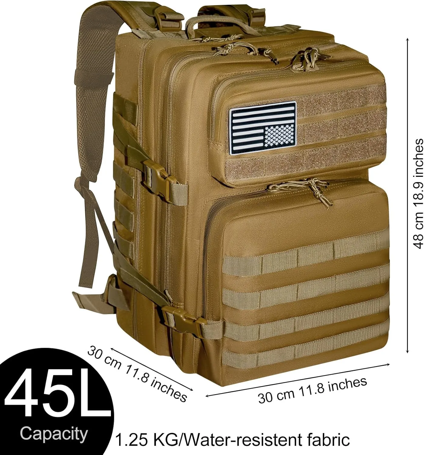 Military Tactical Backpack for Men and Women Molle 45L Large Army 3 Days Assault Pack Bug Out Bag Water Resistant and Heavy Duty Hiking Camping Treeking Rucksack -Tan