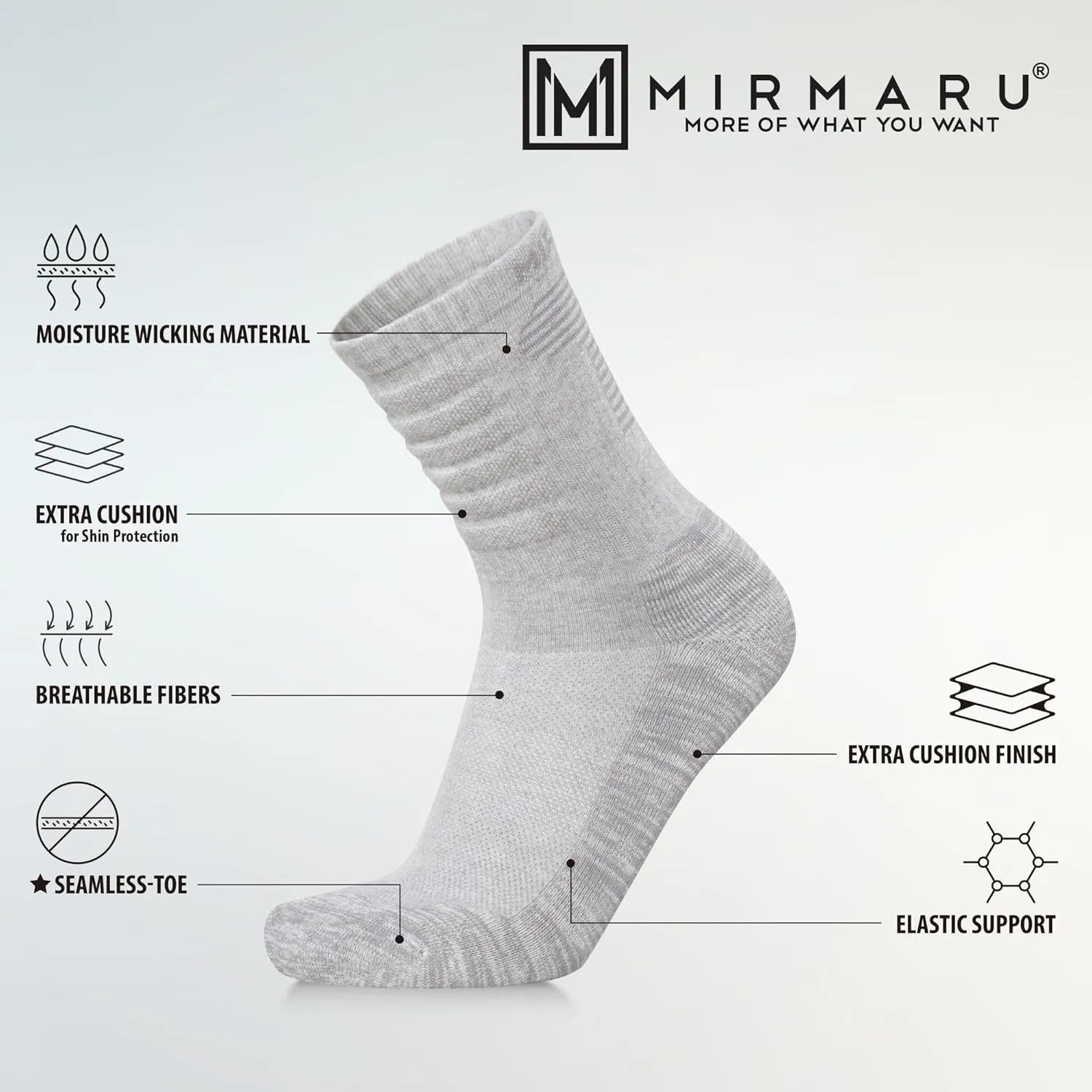 MIRMARU 3 Pairs Seamless Toe Hiking Outdoor Trail Running Trekking Moisture Wicking Cushion Crew Athletic Socks