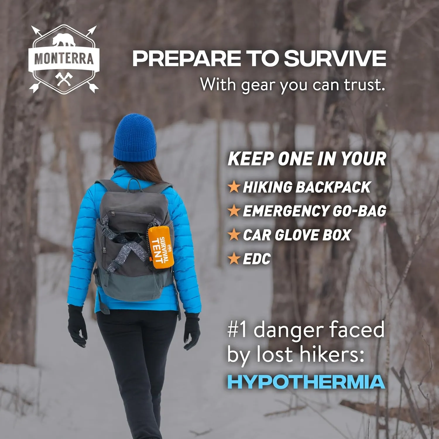 Monterra Emergency Tent, 2 Person Survival Shelter, Thermal Mylar, Waterproof, Outdoor Camping Gear and Equipment, Survival Kits, Compact Bivvy Tarp, Includes Paracord and Accessories.