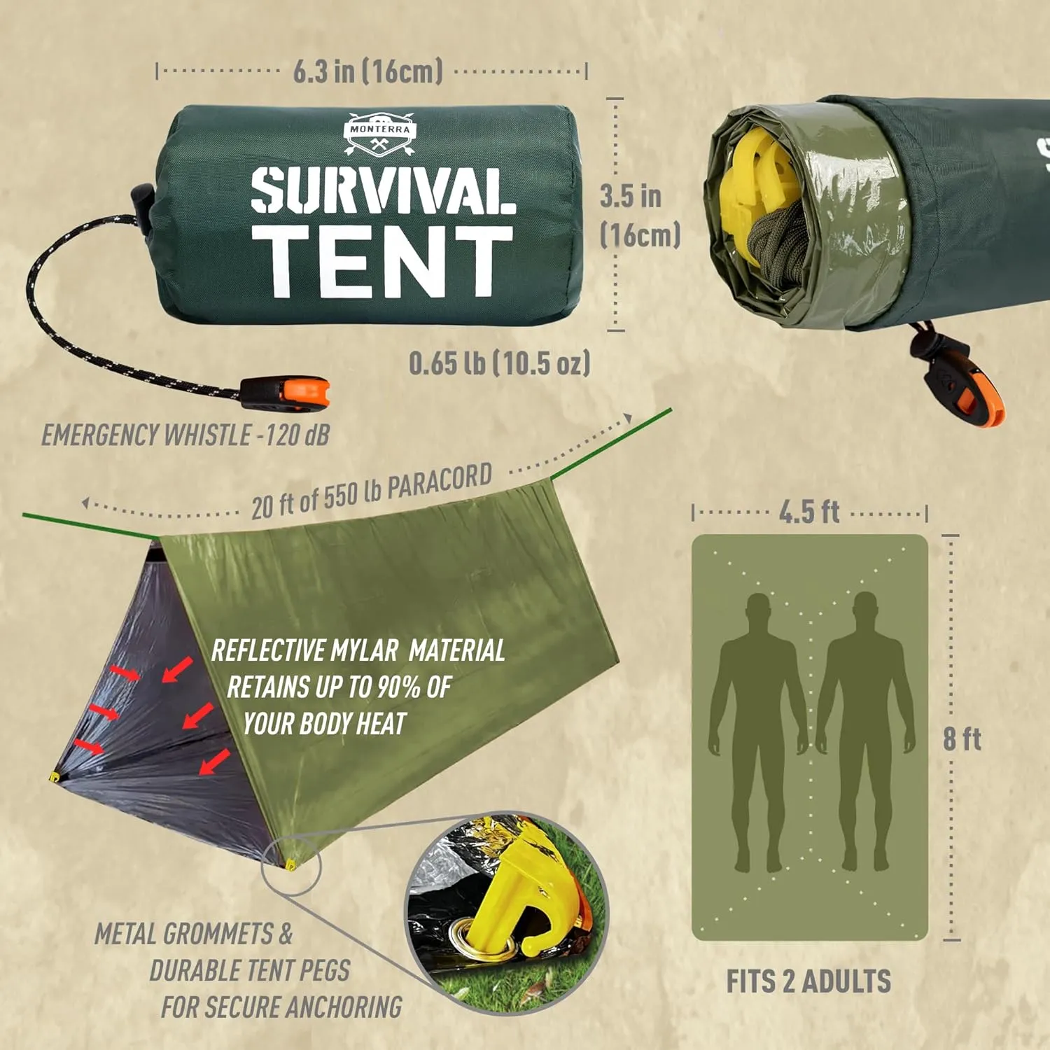 Monterra Emergency Tent, 2 Person Survival Shelter, Thermal Mylar, Waterproof, Outdoor Camping Gear and Equipment, Survival Kits, Compact Bivvy Tarp, Includes Paracord and Accessories.
