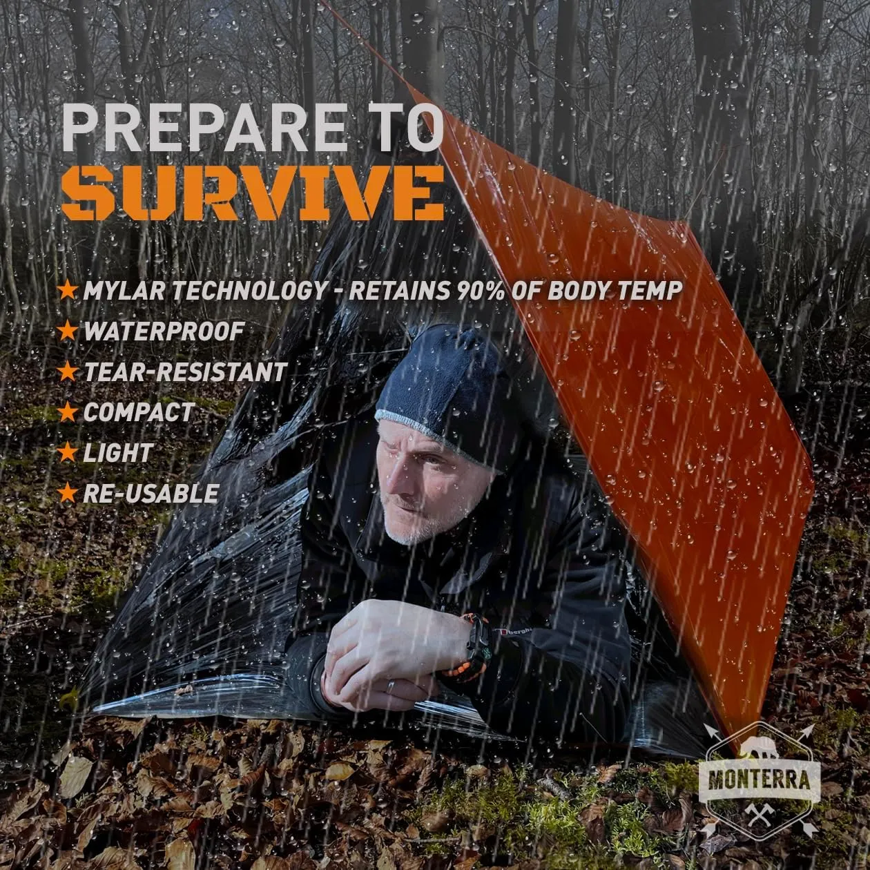 Monterra Emergency Tent, 2 Person Survival Shelter, Thermal Mylar, Waterproof, Outdoor Camping Gear and Equipment, Survival Kits, Compact Bivvy Tarp, Includes Paracord and Accessories.