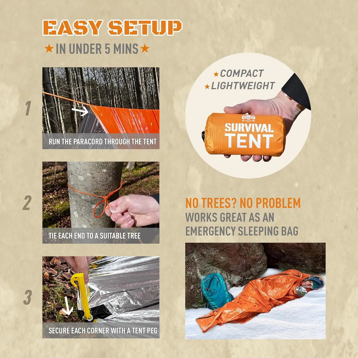 Monterra Emergency Tent, 2 Person Survival Shelter, Thermal Mylar, Waterproof, Outdoor Camping Gear and Equipment, Survival Kits, Compact Bivvy Tarp, Includes Paracord and Accessories.