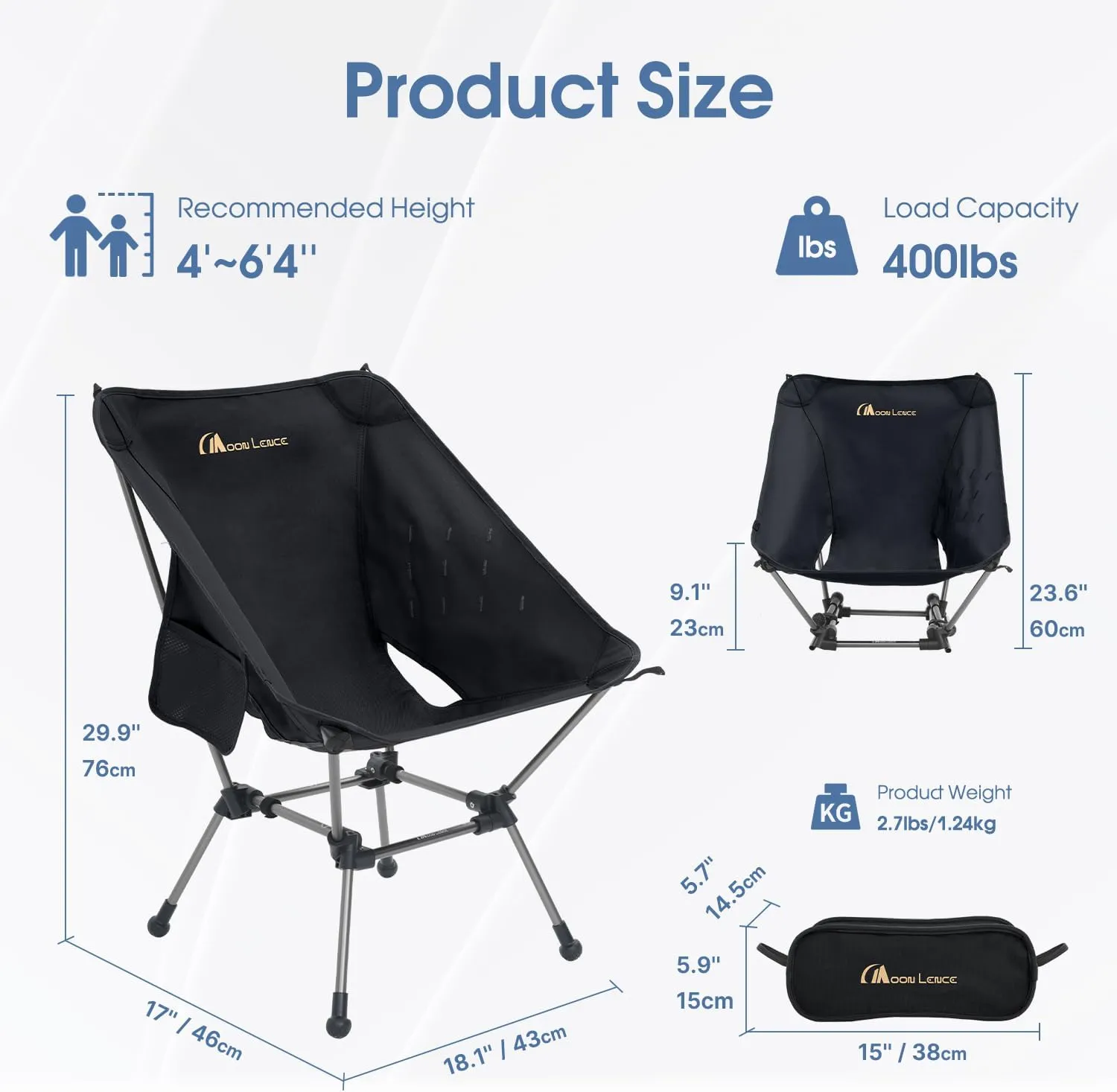 MOON LENCE Camping Chair Plus, Upgraded Comfort & Size, Still Compact and Lightweight, Folding Portable Chair for Backpacking & Hiking, 400Lbs Capacity, Gen 3 Plus