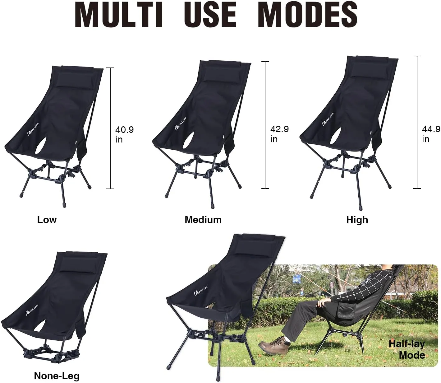 MOON LENCE Portable Camping Chairs for Adults, Adjustable Oversize Beach Chair Lawn Chair with High Back & Headrest - Large Capacity, Heavy Duty - Backpacking Folding Chair for Hiking Fishing, Black