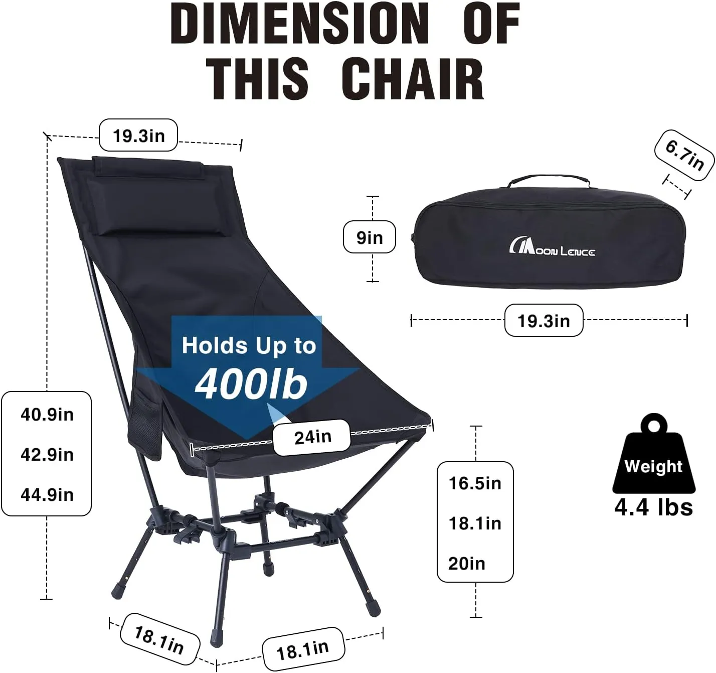 MOON LENCE Portable Camping Chairs for Adults, Adjustable Oversize Beach Chair Lawn Chair with High Back & Headrest - Large Capacity, Heavy Duty - Backpacking Folding Chair for Hiking Fishing, Black